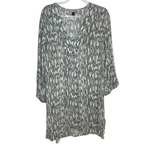 J Valdi Womens Size Large Gray Cream Cover Up Dress Roll Tab‎ Sleeves Pullover